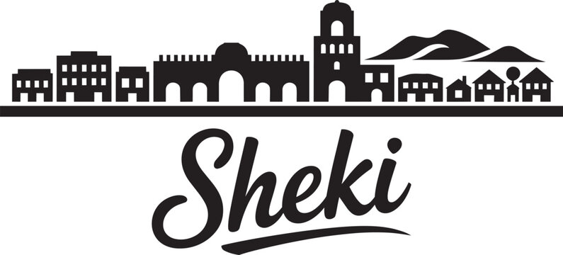 Sheki city skyline with mountains and text in flat design style with script font travel Azerbaijan