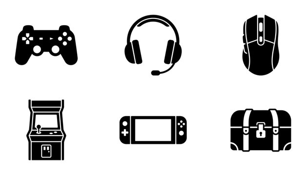 Six gaming silhouette icons, solid black style, video game accessories for entertainment platforms