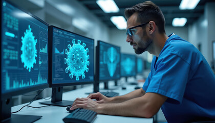 Fototapeta premium Scientist in blue scrubs examines virus model on computer screen. Researcher works with data, analyzing molecular structure for medical breakthrough in modern lab.