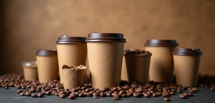 Disposable paper cups and roasted coffee beans arranged. Various sizes of brown eco cups with lids, ready for brewing. Morning coffee concept with caffeine energy.