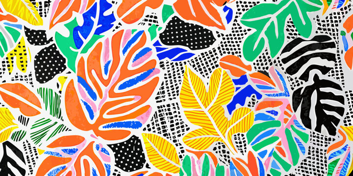 colorful tropical leaf collage abstract botanical pattern on white background