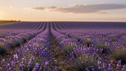 Obraz premium Lavender plants forming rows at sunset in open field