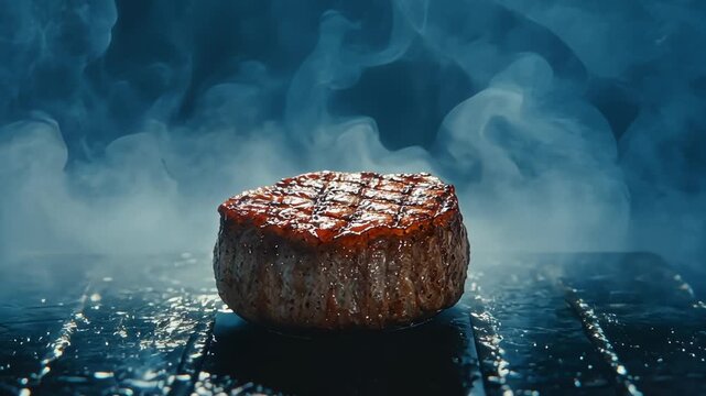 Grilled steak on wet surface with steam in dark scene, perfect for food ad, menu