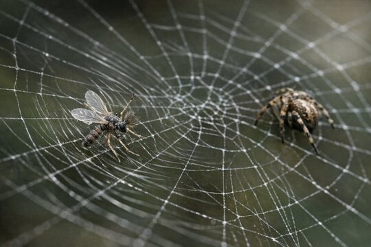 A spider's catch in its web, a moment of suspense between predator and prey