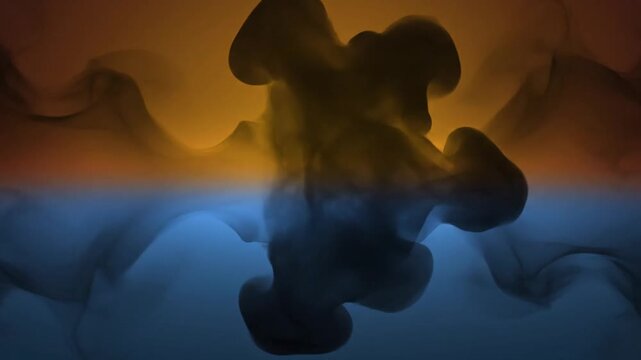 Abstract fluid shapes connecting across blue and orange gradient background