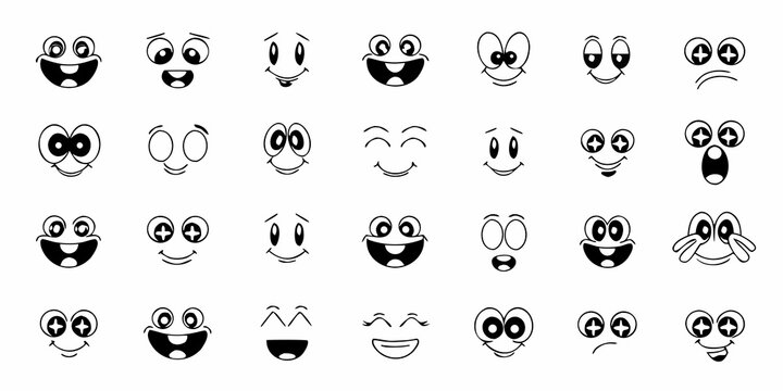 cartoon face grid eighteen black and white expressions on white background
