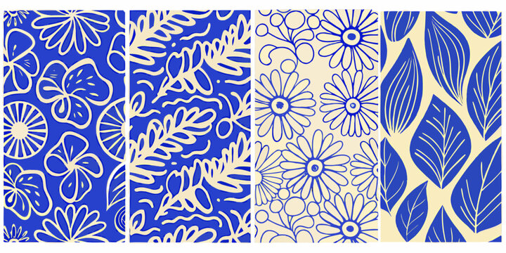 Floral pattern quartet four distinct blue and white designs