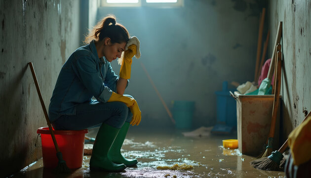 Woman rests after flood cleanup in flooded basement. She wipes sweat from her forehead, weary from her hard work. Tools and cleaning supplies are scattered around the dirty, wet concrete floor.