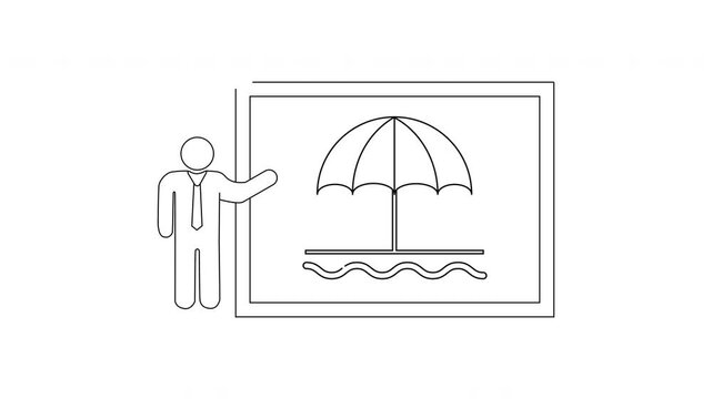 Man presenting beach vacation concept on whiteboard illustration.