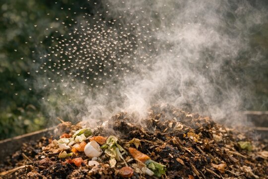 A pile of composting materials in a bin, with brown and green matter, ready for decomposition