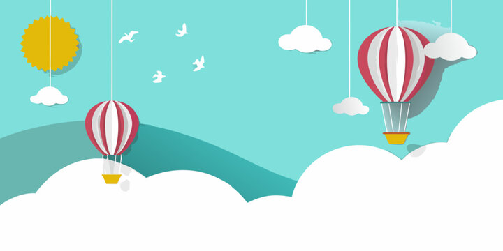 Hot air balloons and clouds flat vector illustration with paper cut style