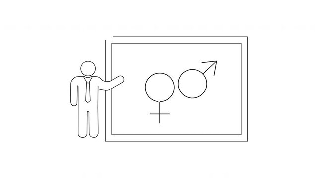 Man presenting gender symbols on a whiteboard in a simple line drawing style.