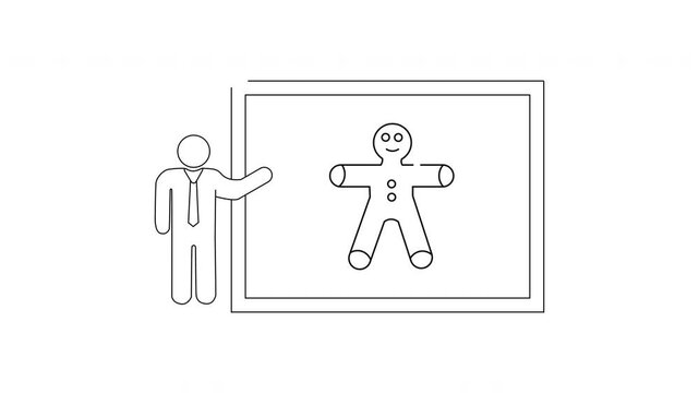 Man presenting gingerbread man on screen in simple line drawing style.