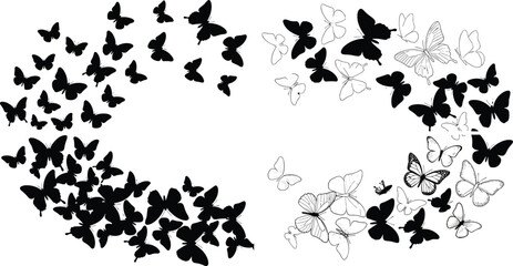 Fototapeta premium Butterfly silhouette and outline wreath collection isolated on white background for decorative nature inspired graphic design