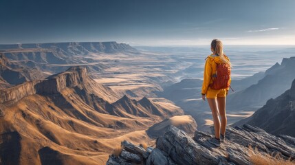 Fototapeta premium Young Woman Standing on Highland Plateau Overlooking Vast Landscape