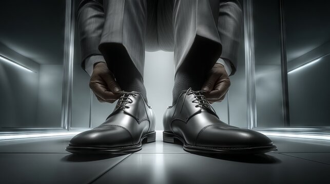 Man Seated While Putting on Formal Footwear with Focus on Feet