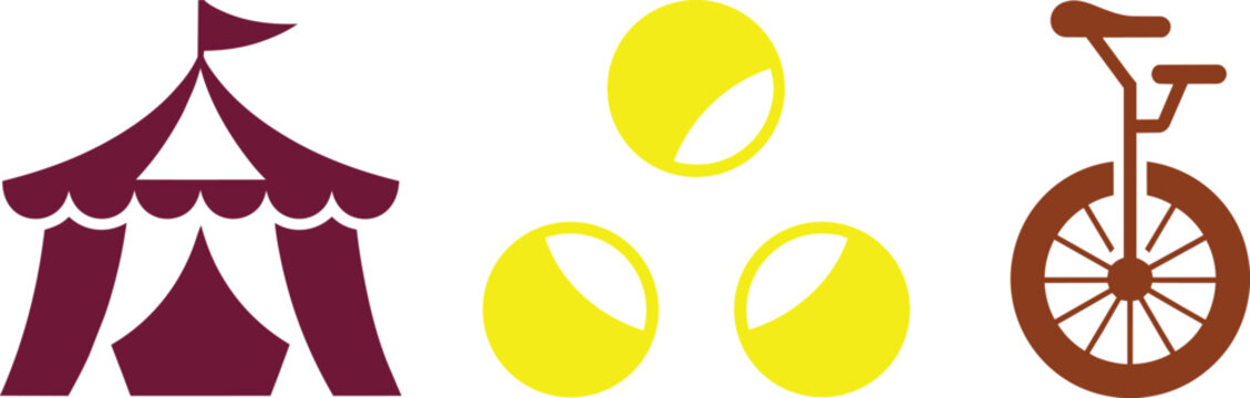 Circus tent juggling balls and unicycle icons set in flat style with web design app user experience