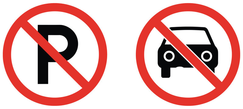 No parking and no car prohibition sign icons featuring traffic restriction symbols for road regulation, transportation safety, and flat vector illustration design.