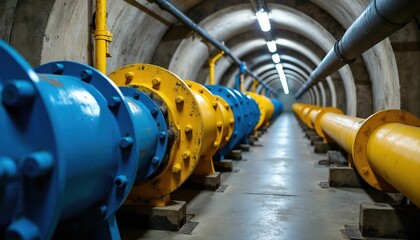 Obraz premium Underground tunnel with blue and yellow pipelines for energy or fluid transport. Industrial infrastructure system recedes into distance with lights overhead.