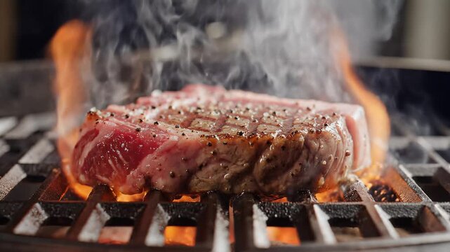 Closeup of a juicy raw steak being grilled over hot coals with flames.