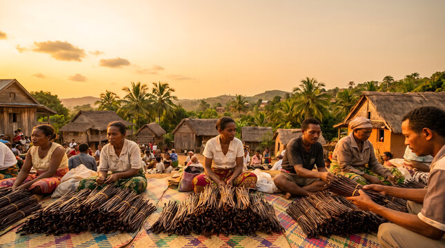Villagers sorting vanilla beans at golden hour in a tropical Madagascar market