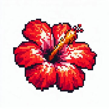 Red Hibiscus Flower Pixel Art Illustration Isolated on White