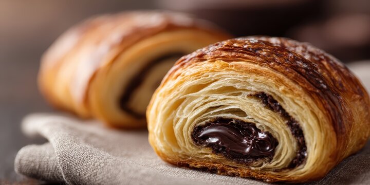 french pastry close-up, specifics about a split pain au chocolat showcasing its flaky crust and oozing chocolate against a blurred caf setting, authentic gastronomy