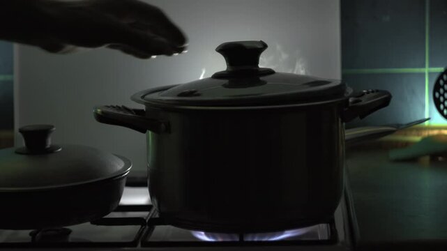 In the kitchen, on a gas stove, a human hand places a lid over a pot with boiling contents