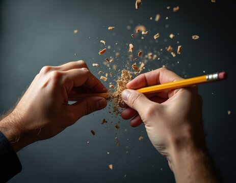 Person snaps yellow pencil in half against dark background with wood shavings flying. Strong hands apply great force to break writing tool. Concept of creative block or intense study pressure.
