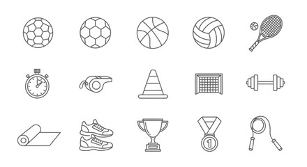 Collection of sports equipment and accessories in a simple line art style. © islah