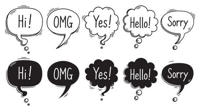 Hand drawn speech bubbles vector set with text expressions like hi omg and yes in black and white comic book style for creative layouts