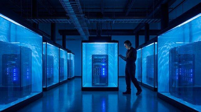 Engineer inspecting liquid immersion cooling servers in blue-lit data center