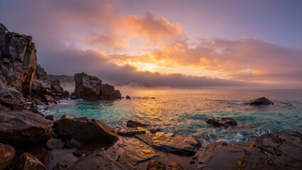 Fototapeta premium Rocky coastline with waves meeting ocean at sunset over horizon