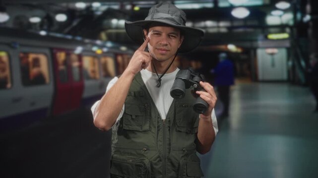 Man holding binoculars points finger to temple in building subway platform, wearing field vest and wide brim hat while gazing ahead; curiosity exploration.