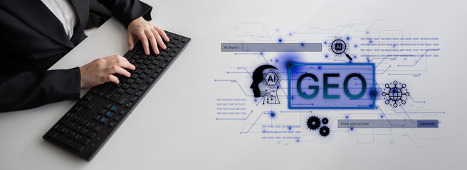 Naklejka premium Digital marketing concept featuring GEO strategy. Generative AI search visual shows GEO interface integrating intelligence, logic, and AI input system for prompt tasks. Corpus