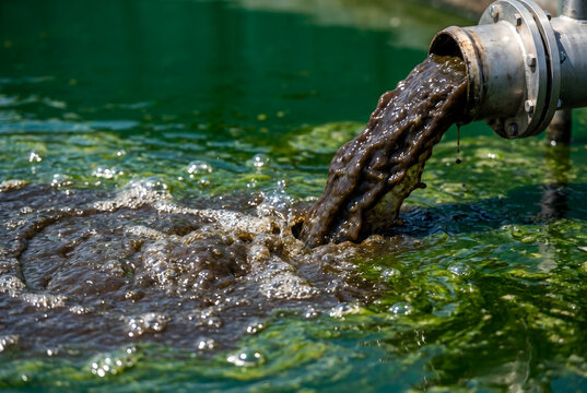 Industrial pipe discharging dark slurry into a green lagoon