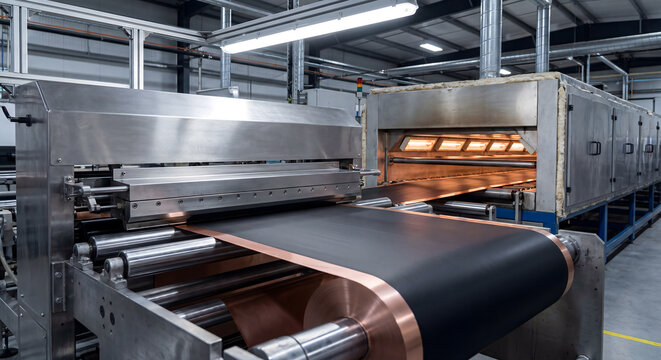 Industrial electrode coating line with conveyor belt passing through thermal oven