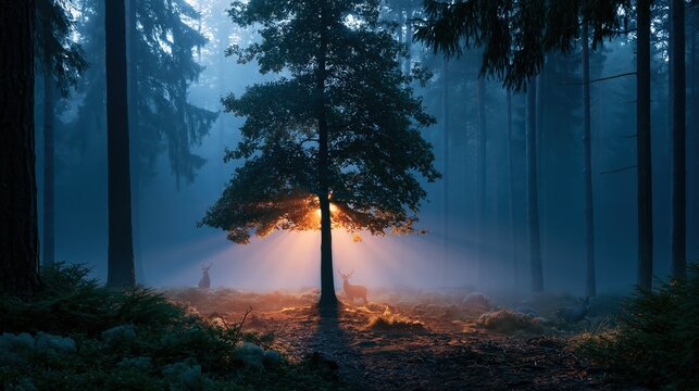 Morning Sun Rays Through Forest Fog and Solitary Tree