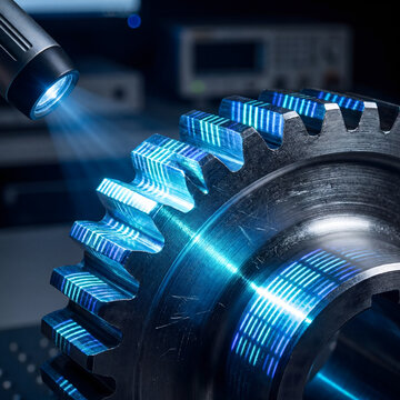 Blue laser scanning metal gear teeth in industrial quality control inspection