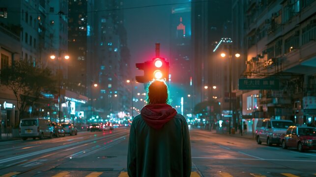 Man Standing at Illuminated City Street Intersection at Night
