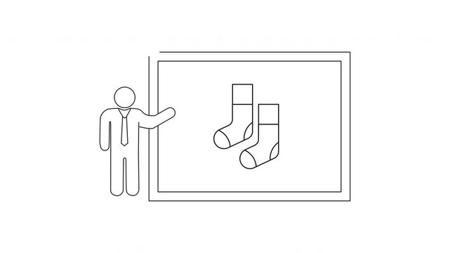 Man presenting socks on a whiteboard illustration.