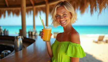 Fototapeta premium Woman in green dress with orange drink at beach bar. Blonde lady smiles holding cocktail, ocean waves behind her. Refreshing summer vacation vibes.