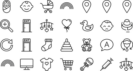 Fototapeta premium Baby Care and Childhood Toys Icon Set Featuring Nursery Essentials Playtime Items and Healthcare Graphics