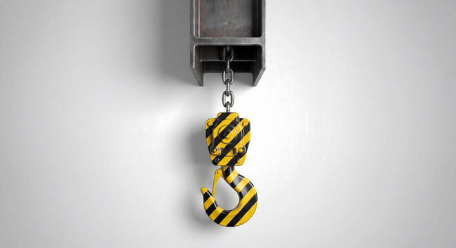 Yellow and black striped crane hook hanging from steel I-beam on chain