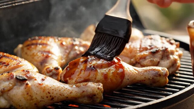 Grilling chicken drumsticks with barbecue sauce on a charcoal grill.