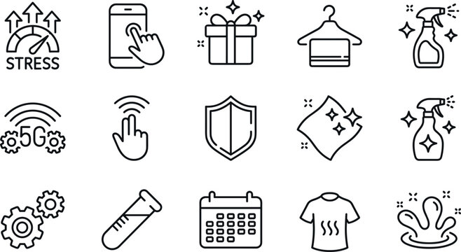 Consumer Product Benefits Icon Set Featuring Hygiene Protection Wireless Technology Stress Relief and Gift Rewards Graphics