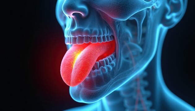 Human tongue medical illustration shows inflammation and redness. Dental anatomy depicts oral cavity issue with burning sensation. Doctors use this graphic for disease awareness campaigns.