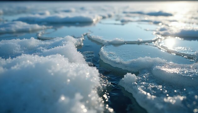 Close-up view of fractured ice floes on water surface. Melting ice shards float and reflect sunlight. Texture of frost, snow, and frozen water is visible.