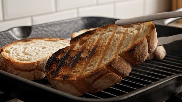 Grilling artisan sourdough bread slices in a cast iron grill pan.