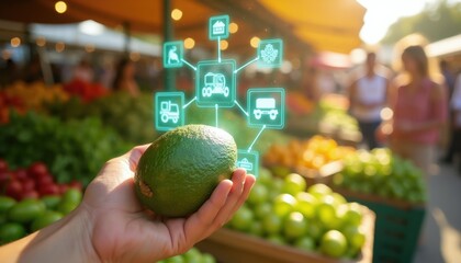 Fototapeta premium Person holds fresh avocado at market. Digital hologram shows farm to table logistics. Augmented reality displays blockchain supply chain data for fresh produce.